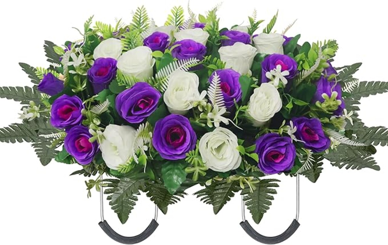 Artificial Cemetery Flowers for Grave,Headstone Flower Saddle for Tombstone Headstone Decorations Non-Fading Easy Fit (Purple White)